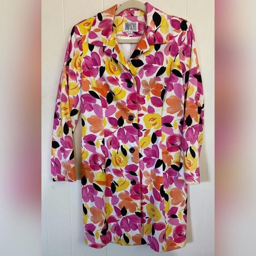 Yves Cossette Depeche Mode Coat Womens 8 Pink Orange Floral Trench Lined Vintage
